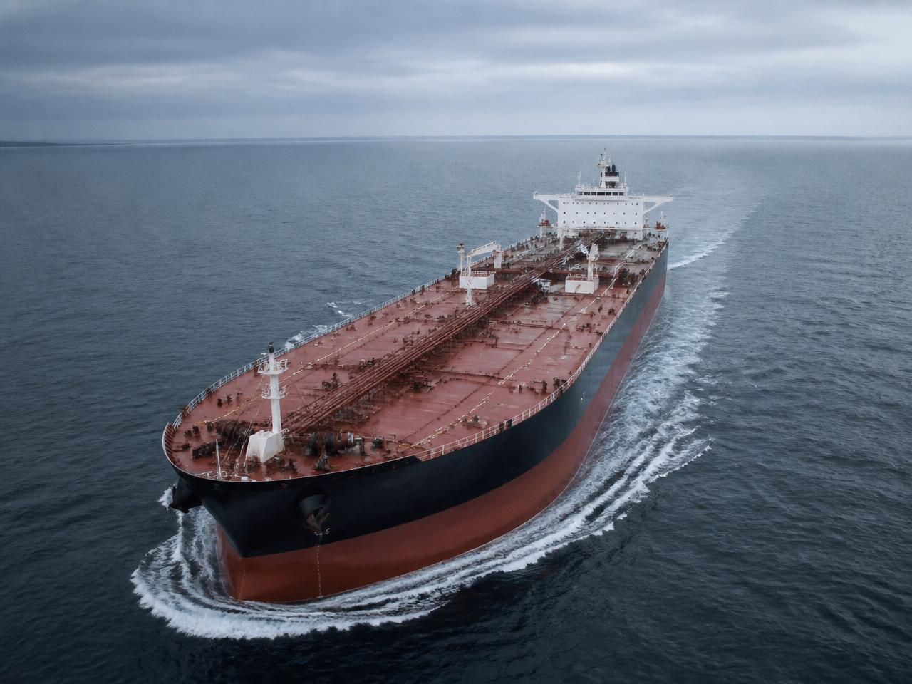 Loaded crude oil tanker under way in open sea