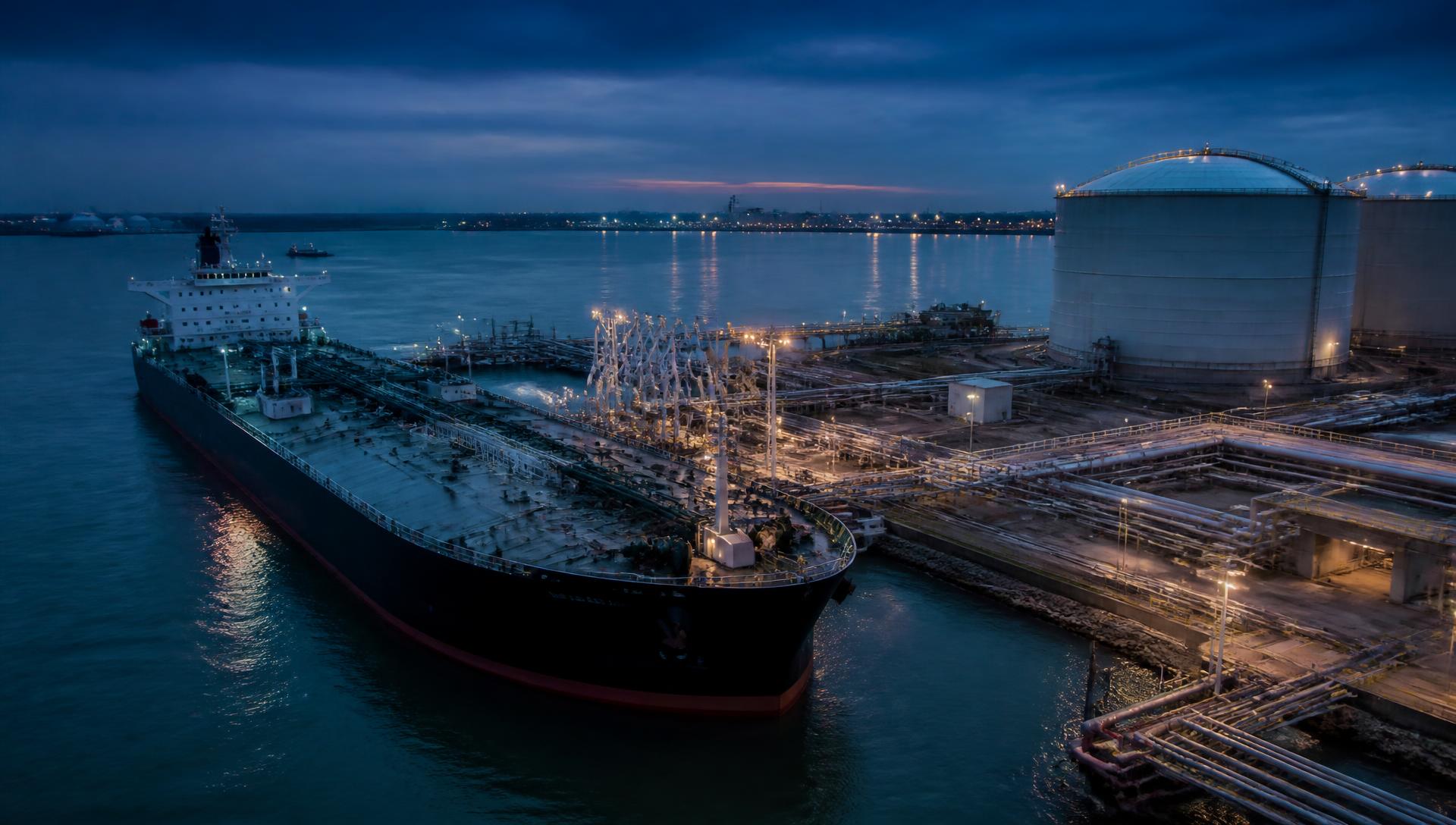 Crude oil tanker berthed at a marine storage terminal at dusk