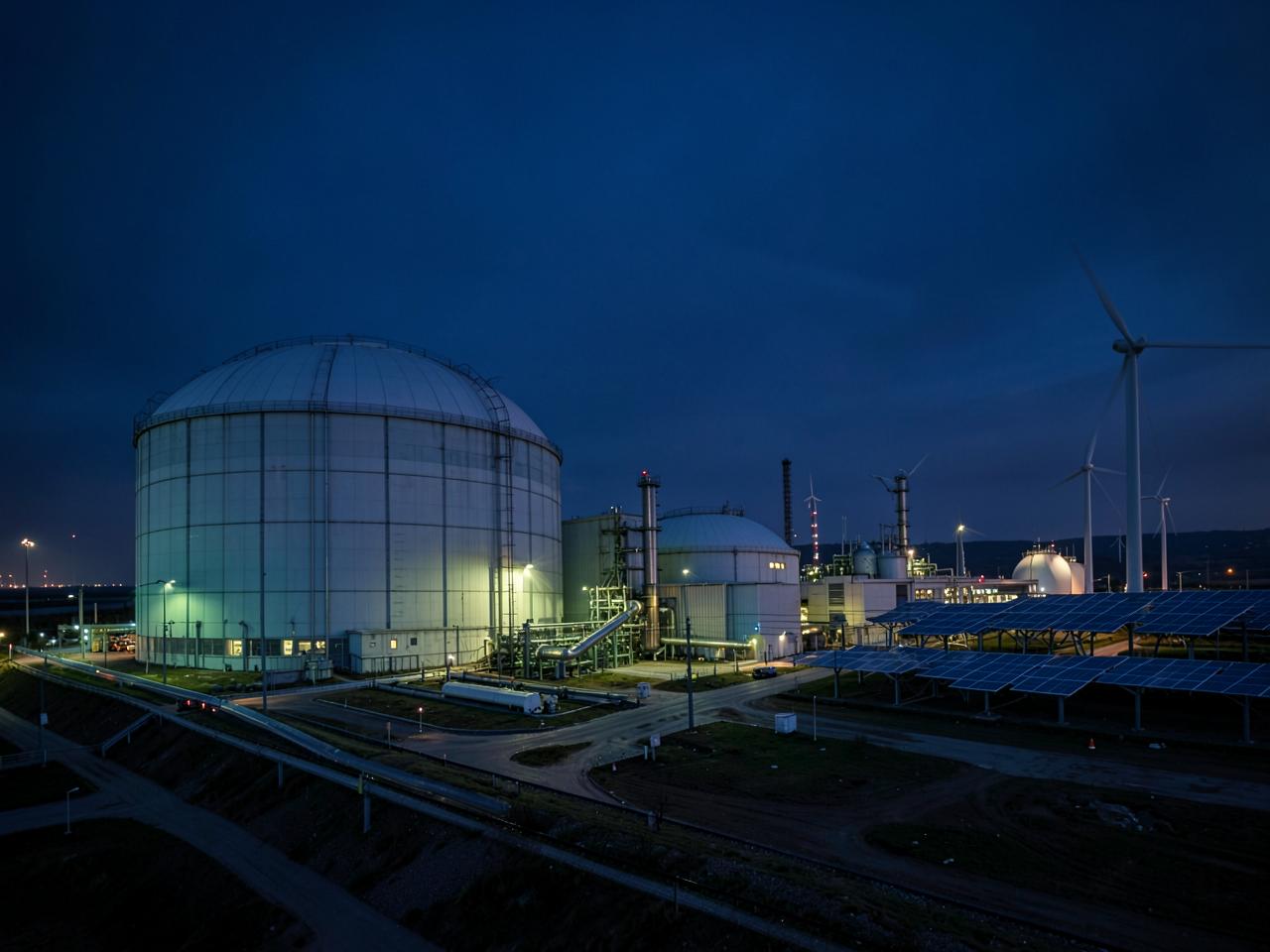 Green hydrogen and ammonia terminal with storage spheres, wind turbines and solar panels at dusk