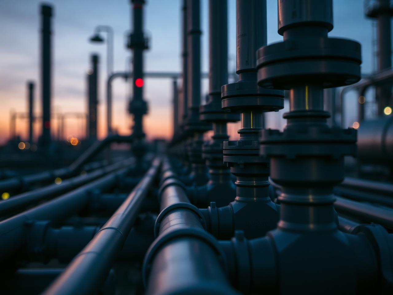 Refinery pipelines and valves at dusk