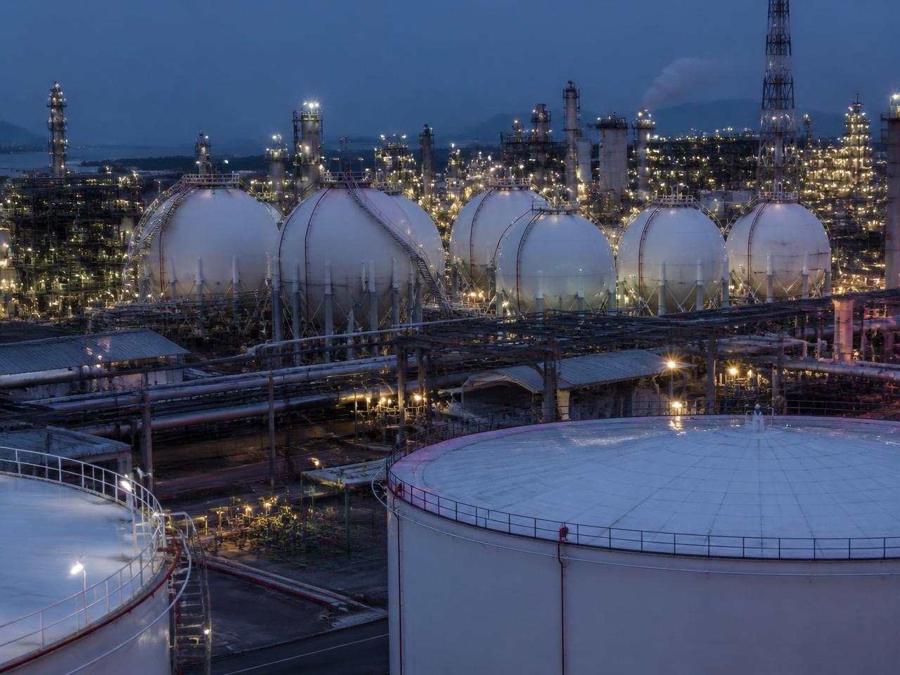 Petrochemical plant with storage spheres and tank farm at dusk